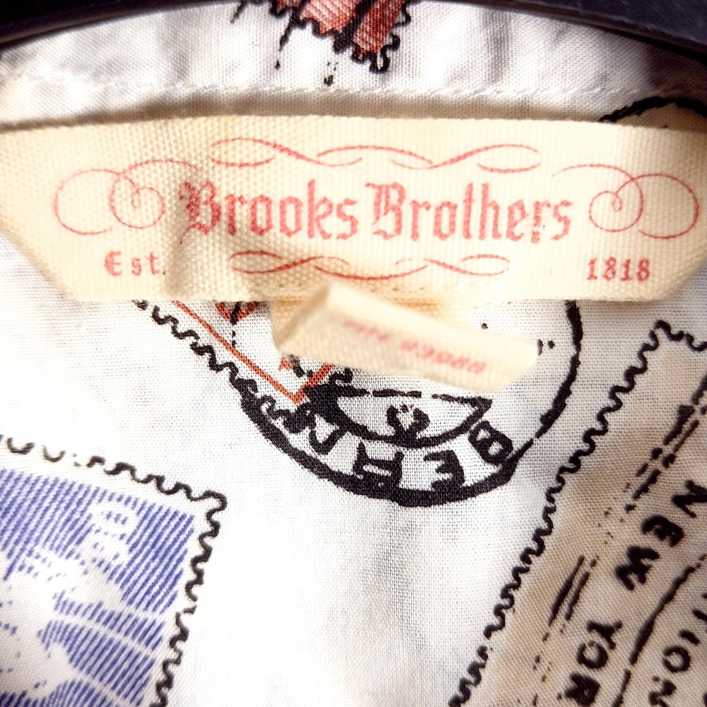 Brooks Brothers Shirt Womens 2 White Postal Stamp Print Sleeveless Ruffle Cotton - Picture 8 of 11